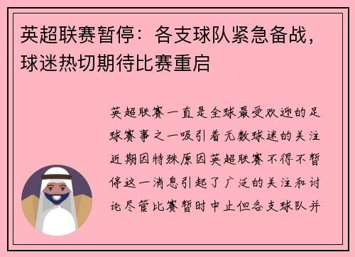 英超联赛暂停：各支球队紧急备战，球迷热切期待比赛重启