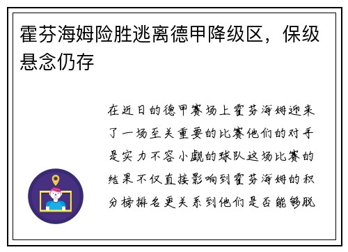 霍芬海姆险胜逃离德甲降级区，保级悬念仍存